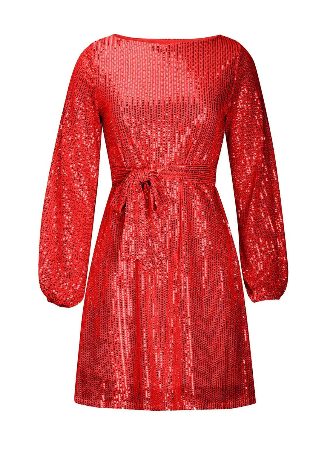 Sequin Tie Waist Long Sleeve Mini Dress Trendsi
