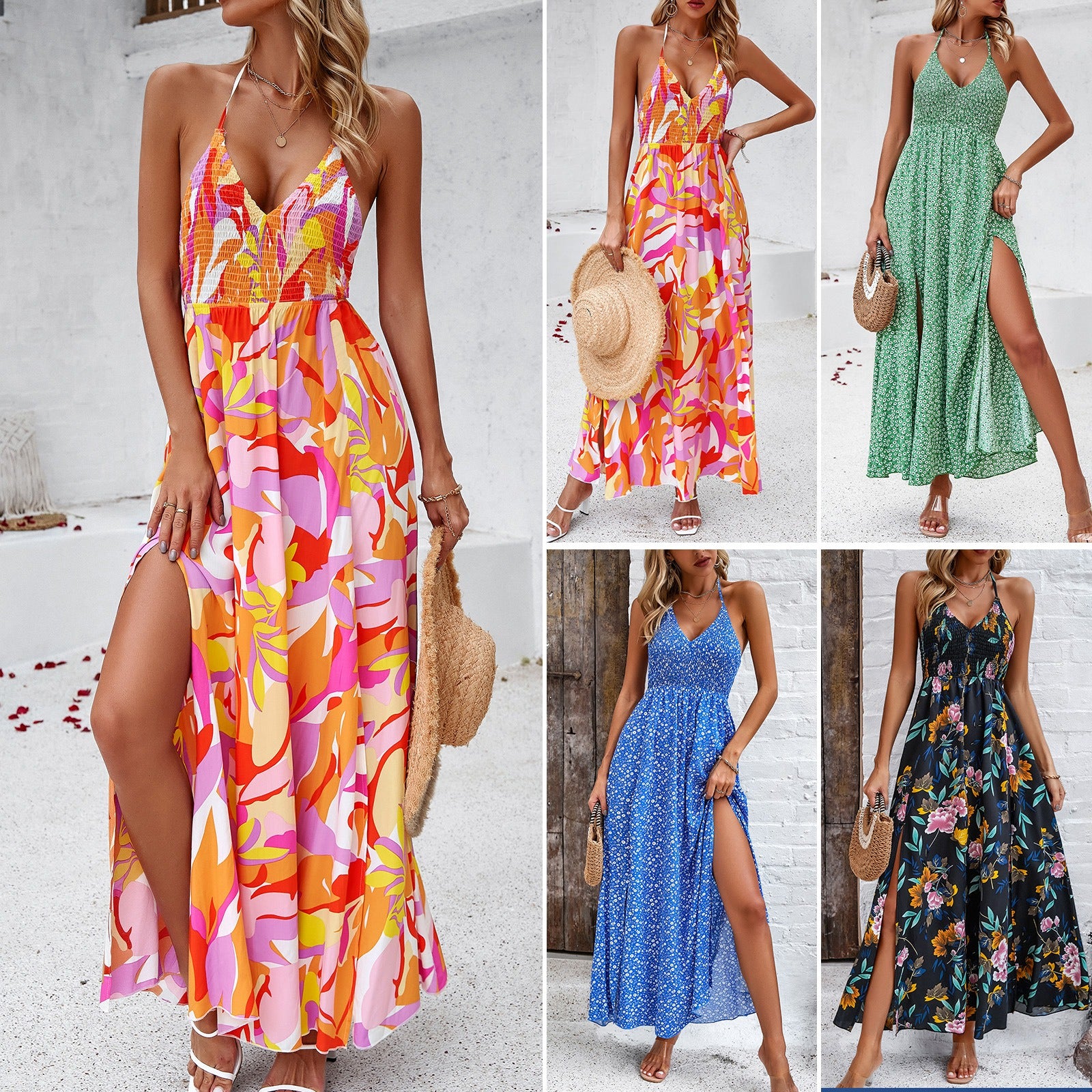 Spring print halter dress