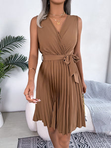 Tied Surplice Sleeveless Pleated Dress