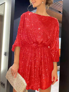 Sequin Tie Waist Long Sleeve Mini Dress Trendsi
