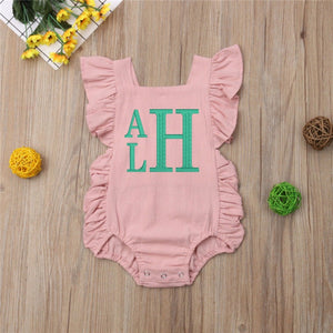 Embroidered Name Baby Girl Ruffled Solid Color Sleeveless Romper