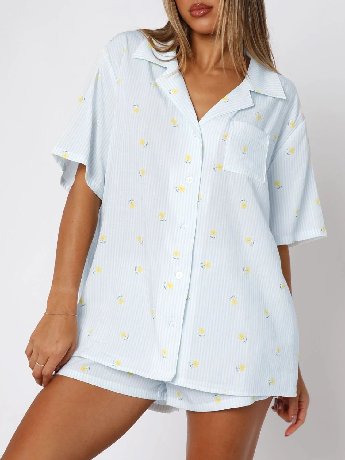 Valentine's Day Printed Collared Neck Short Sleeve Top and Shorts Set Trendsi