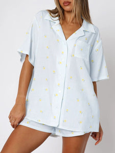 Valentine's Day Printed Collared Neck Short Sleeve Top and Shorts Set Trendsi