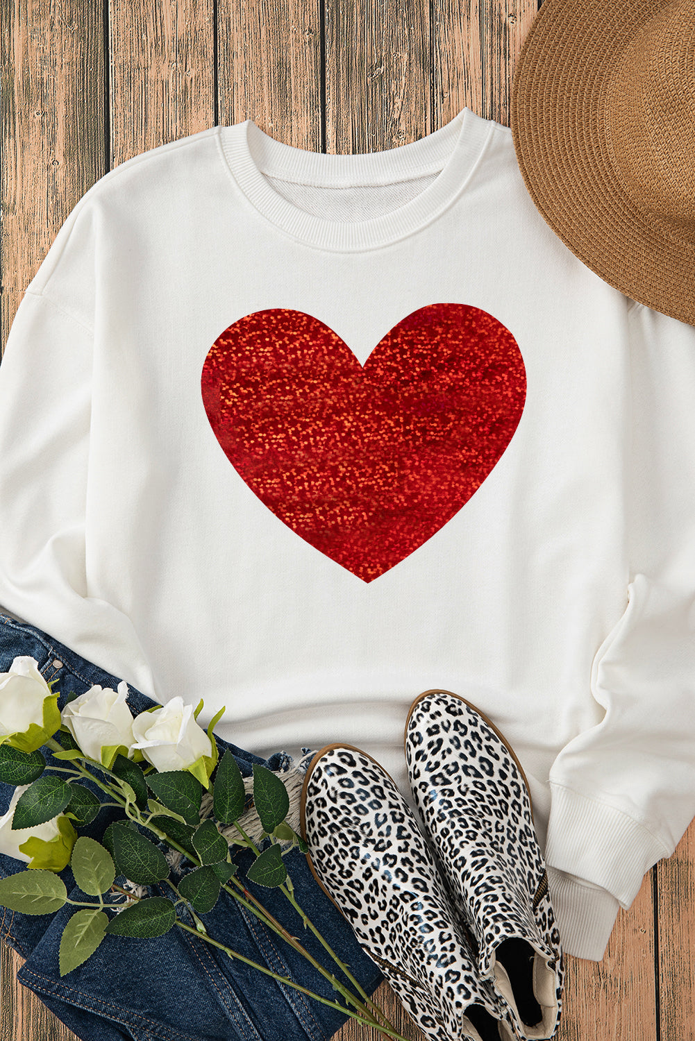 Valentine’s Day Heart Round Neck Long Sleeve Sweatshirt Trendsi