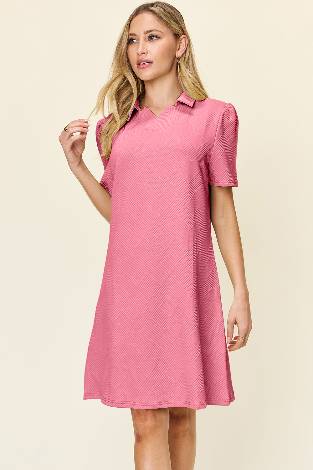 Double Take Full Size Texture Collared Neck Short Sleeve Dress