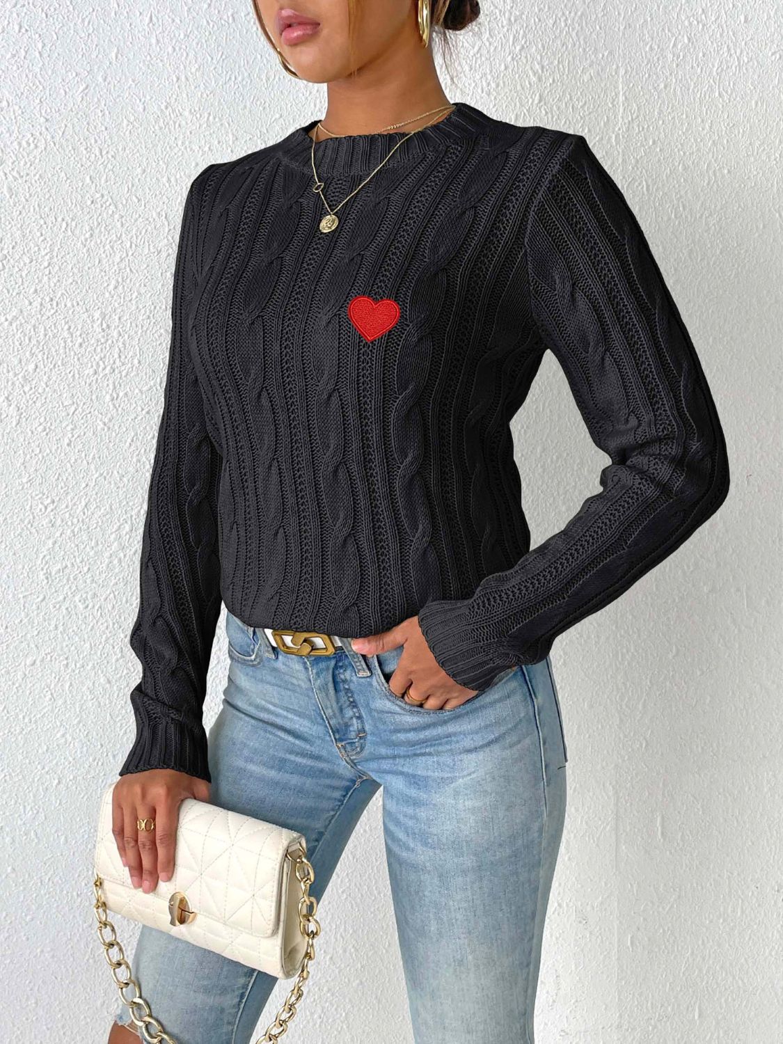 Cable-Knit Heart Round Neck Long Sleeve Sweater Trendsi