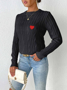 Cable-Knit Heart Round Neck Long Sleeve Sweater Trendsi