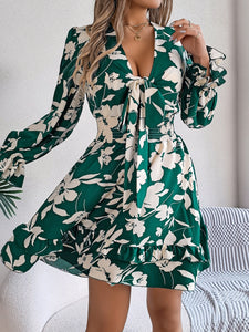 Tied Ruffled Printed Long Sleeve Dress