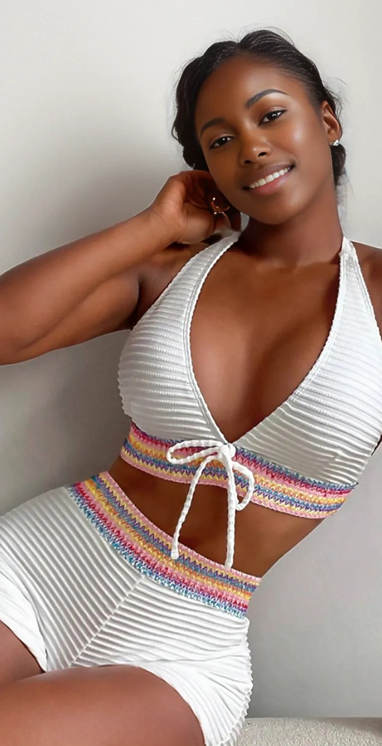 Backless Textured Halter Neck Two-Piece Swim Set