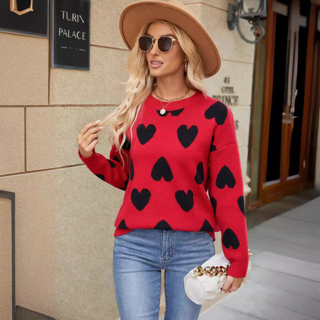Heart knitted jacquard round neck sweater eprolo