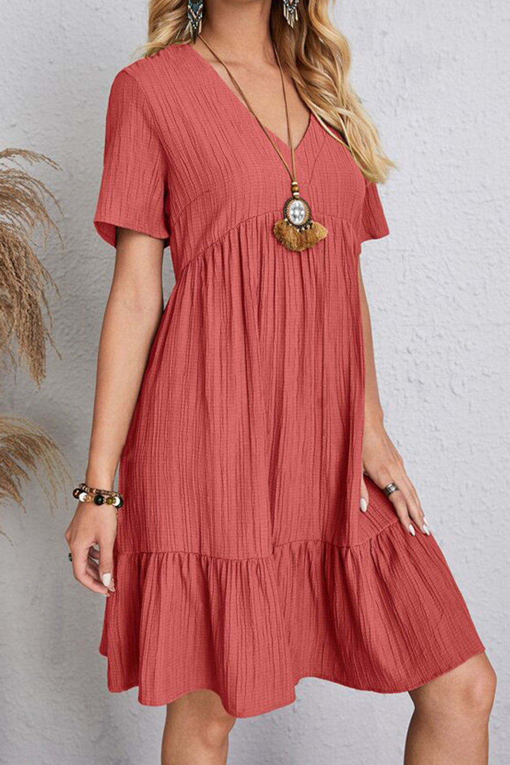 Full Size Ruched V-Neck Short Sleeve Dress