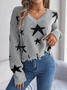 Star Pattern Distressed V-Neck Cropped Sweater