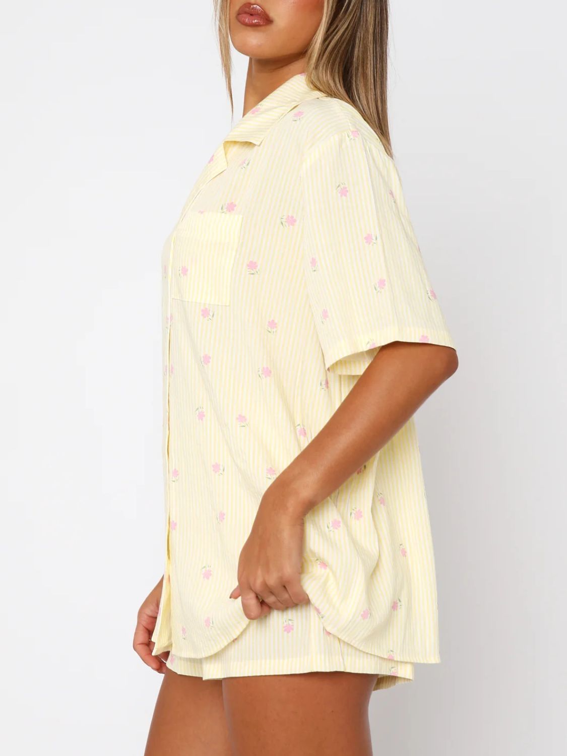 Valentine's Day Printed Collared Neck Short Sleeve Top and Shorts Set Trendsi