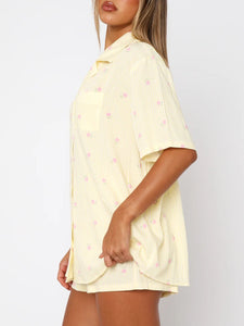 Valentine's Day Printed Collared Neck Short Sleeve Top and Shorts Set Trendsi
