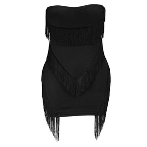 Black Tube Top Fringed Strapless Sexy Dress