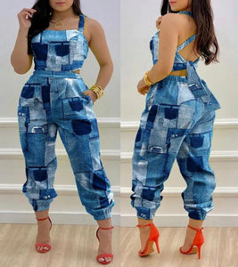 Open Back Cross Lace Up Bow Print Casual jumpsuit