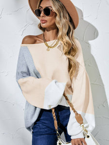 Color Block Balloon Sleeve Boat Neck Sweater