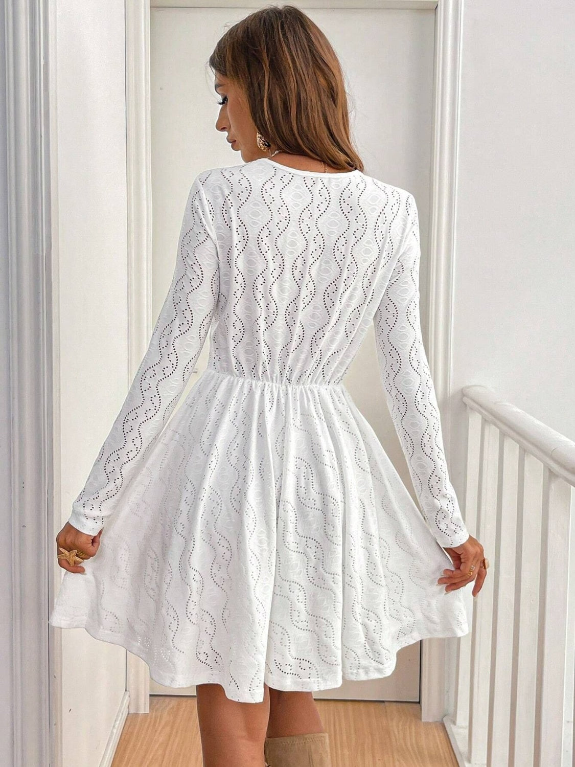 Lace Detail V Neck Long Sleeve Mini Dress Trendsi
