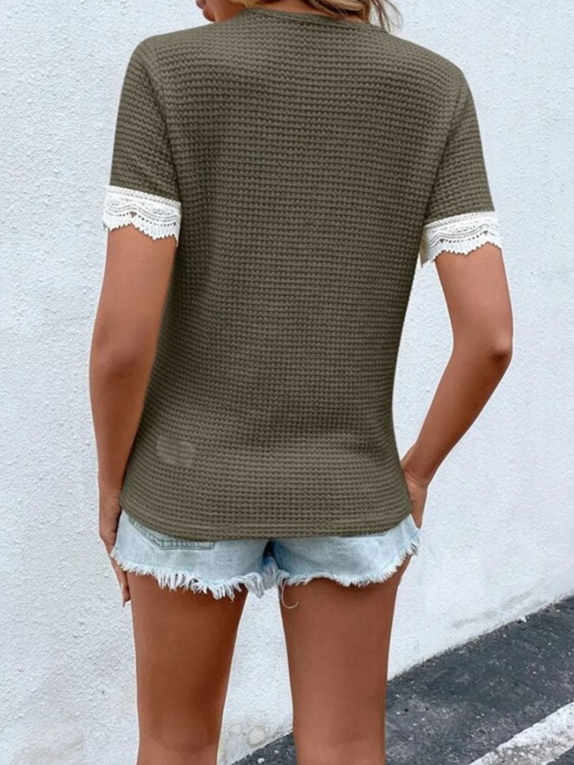 Waffle-Knit V-Neck Short Sleeve Blouse