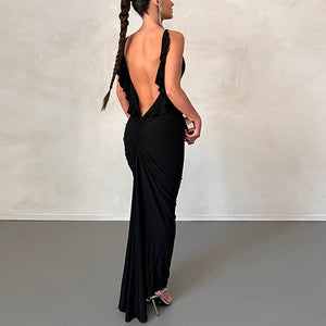 Open Back V-Neck Sexy Pleated Temperament Long Dress