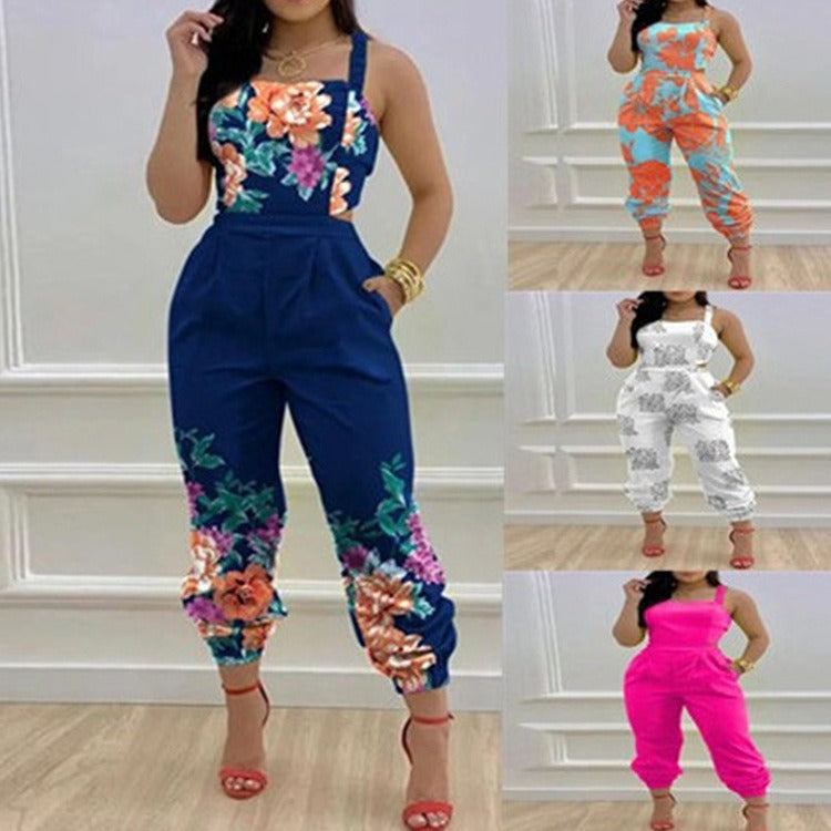 Open Back Cross Lace Up Bow Print Casual jumpsuit