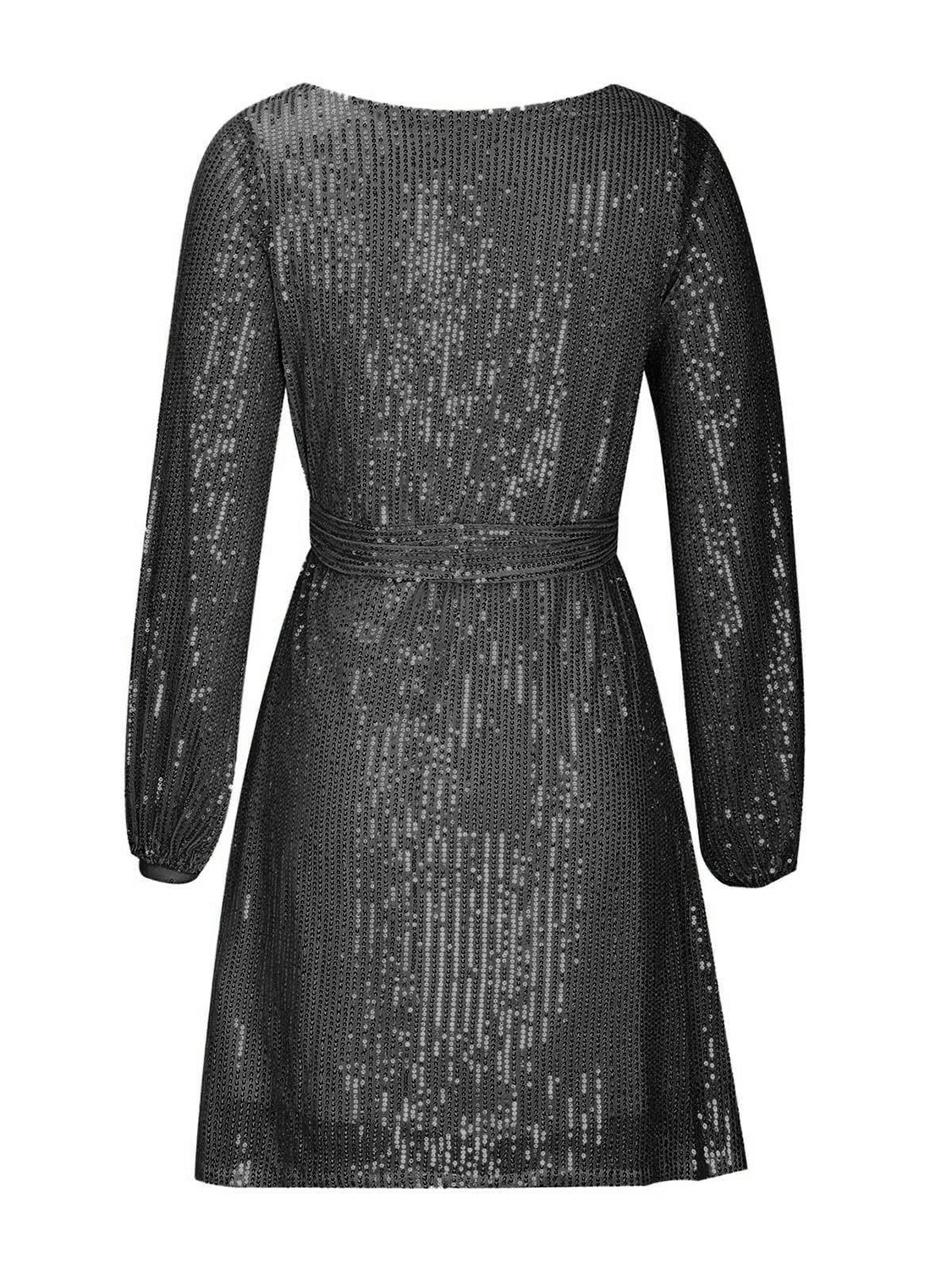 Sequin Tie Waist Long Sleeve Mini Dress Trendsi