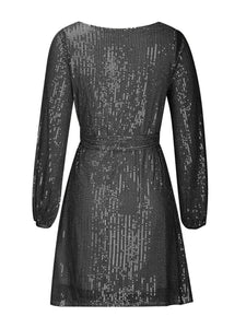 Sequin Tie Waist Long Sleeve Mini Dress Trendsi