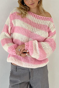 Contrast Striped Boat Neck Long Sleeve Sweater Trendsi