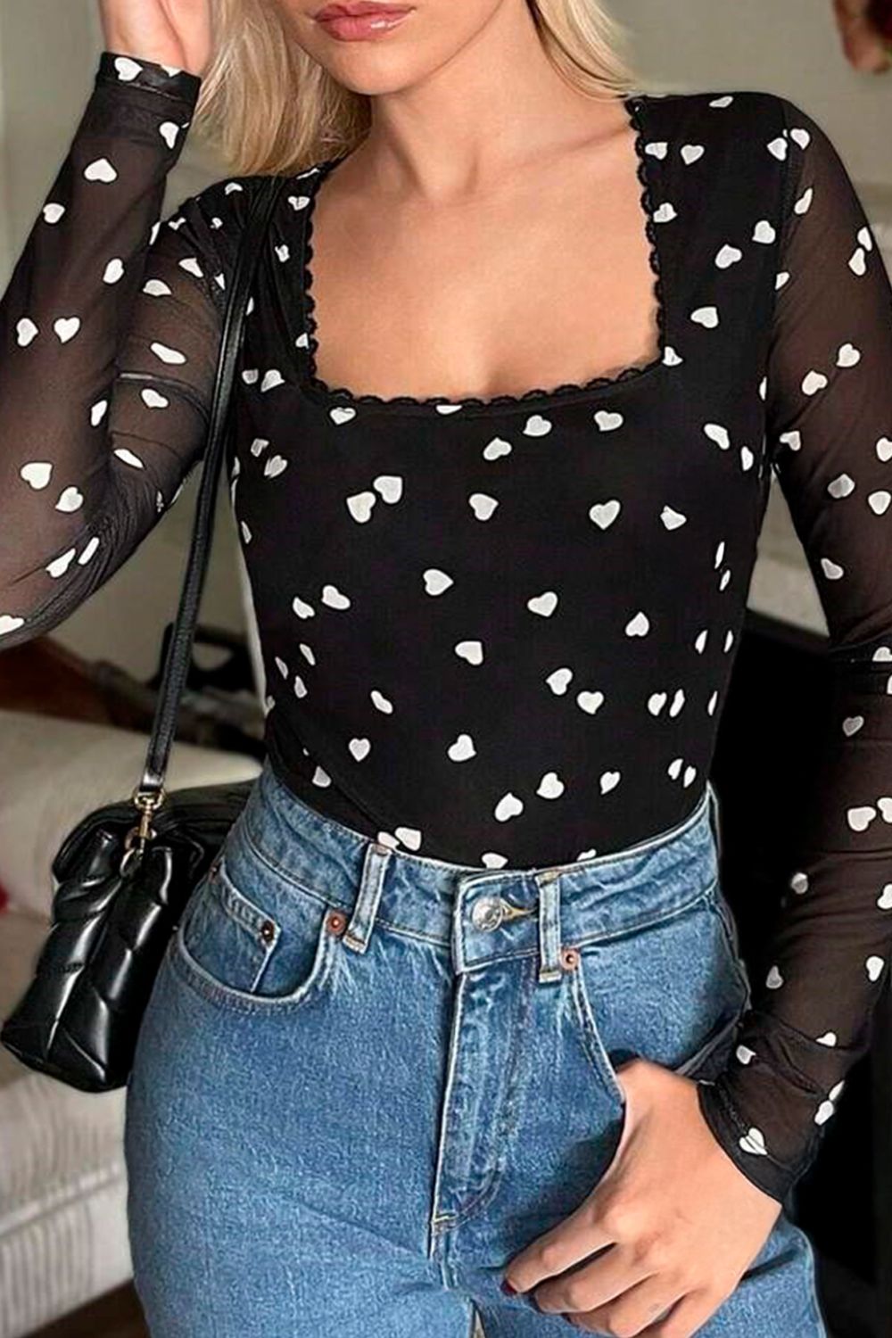 Heart Square Neck Long Sleeve Bodysuit Trendsi