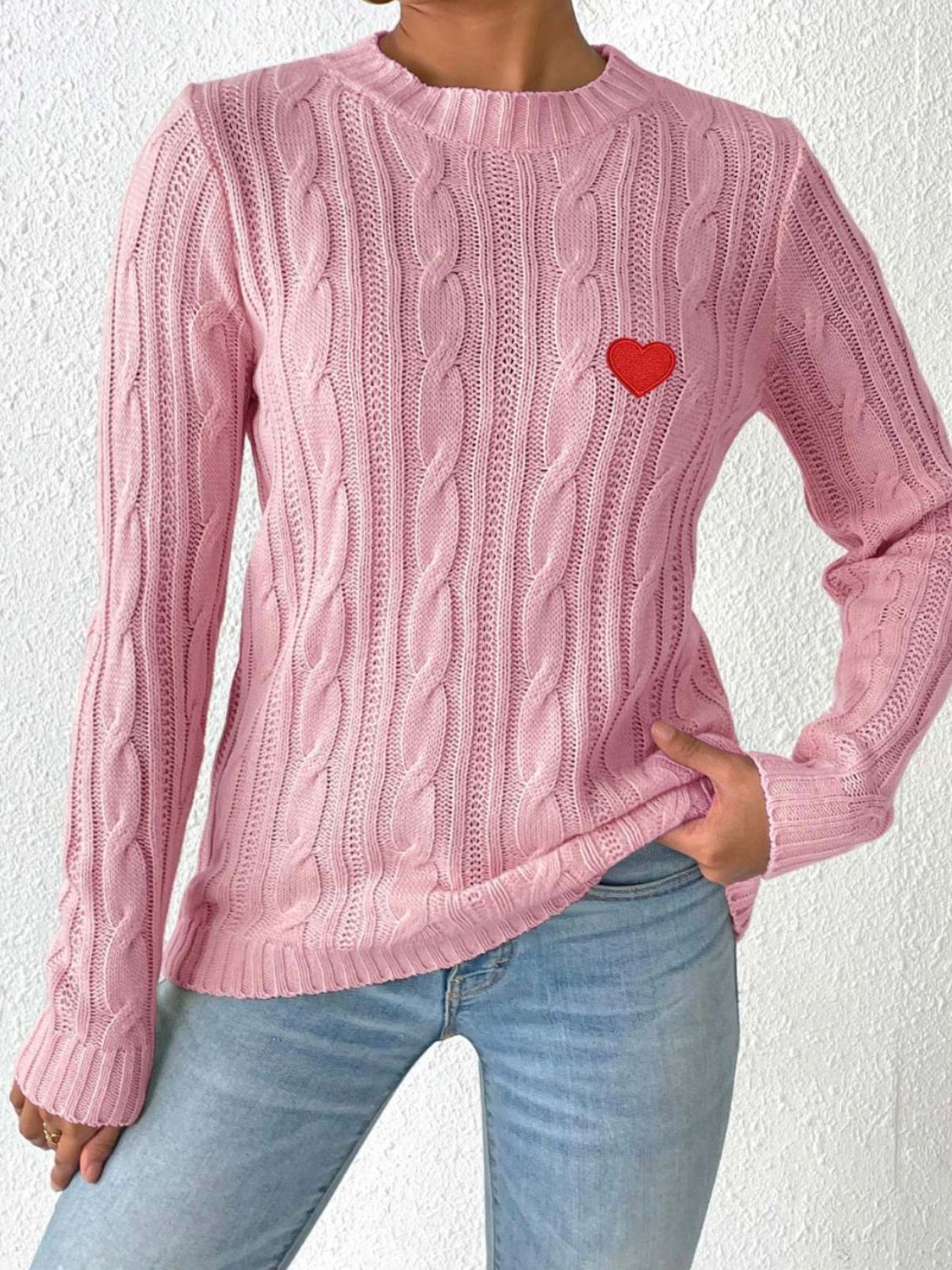 Cable-Knit Heart Round Neck Long Sleeve Sweater Trendsi