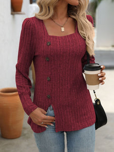 Decorative Button Striped Square Neck Long Sleeve T-Shirt