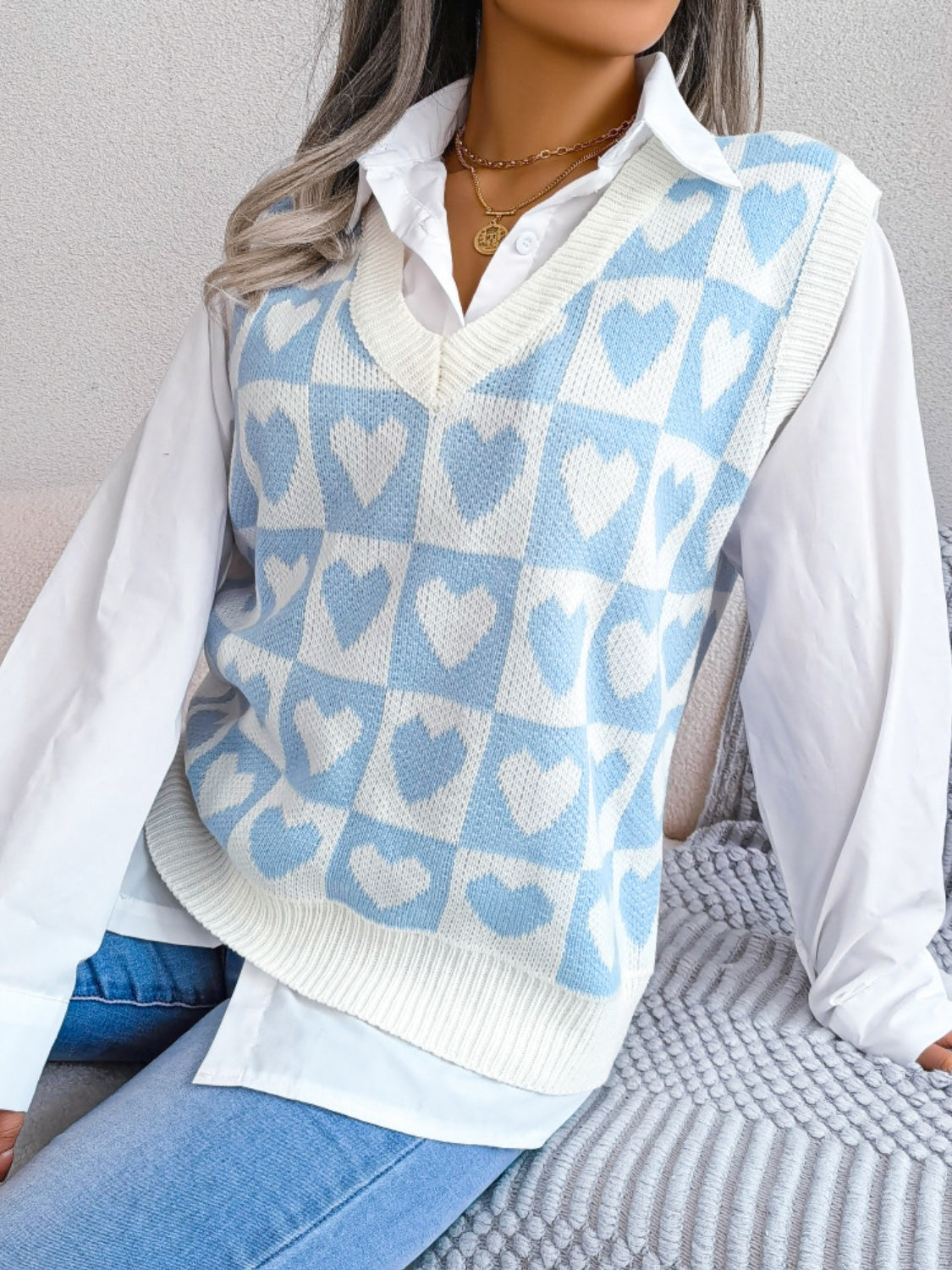 Heart V-Neck Sweater Vest Trendsi