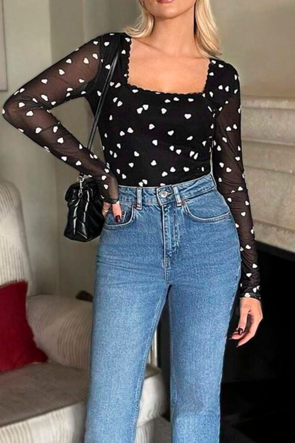Heart Square Neck Long Sleeve Bodysuit Trendsi