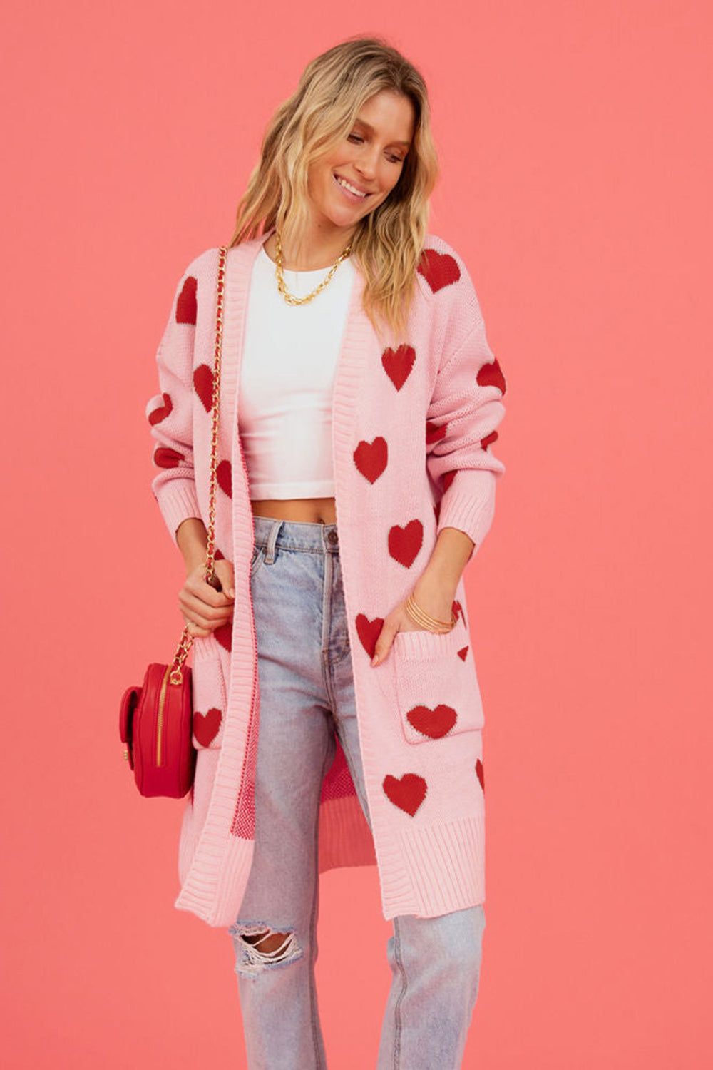 Heart Graphic Open Front Cardigan with Pockets Trendsi