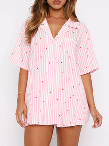Valentine's Day Printed Collared Neck Short Sleeve Top and Shorts Set Trendsi