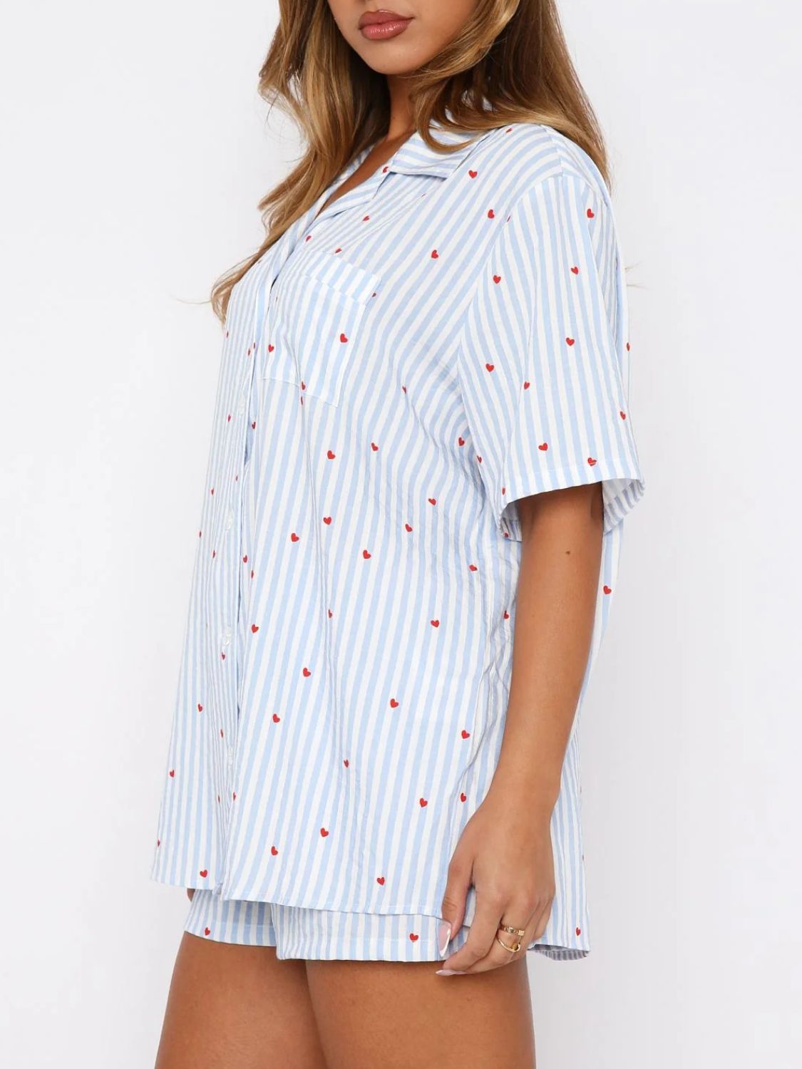 Valentine's Day Printed Collared Neck Short Sleeve Top and Shorts Set Trendsi