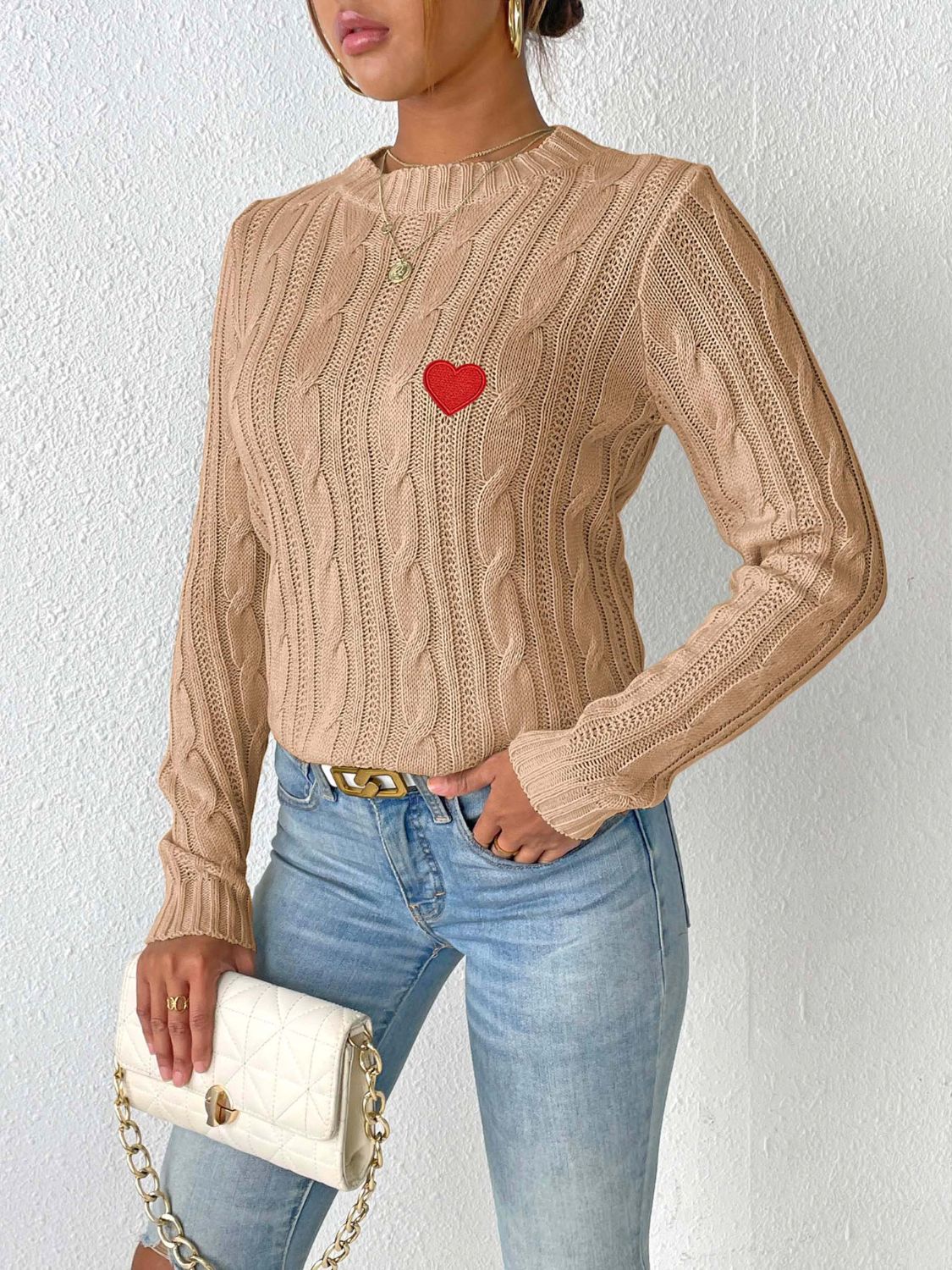 Cable-Knit Heart Round Neck Long Sleeve Sweater Trendsi