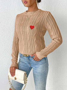 Cable-Knit Heart Round Neck Long Sleeve Sweater Trendsi