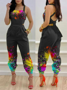 Open Back Cross Lace Up Bow Print Casual jumpsuit