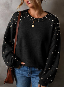 Pearl Detail Round Neck Long Sleeve Sweater