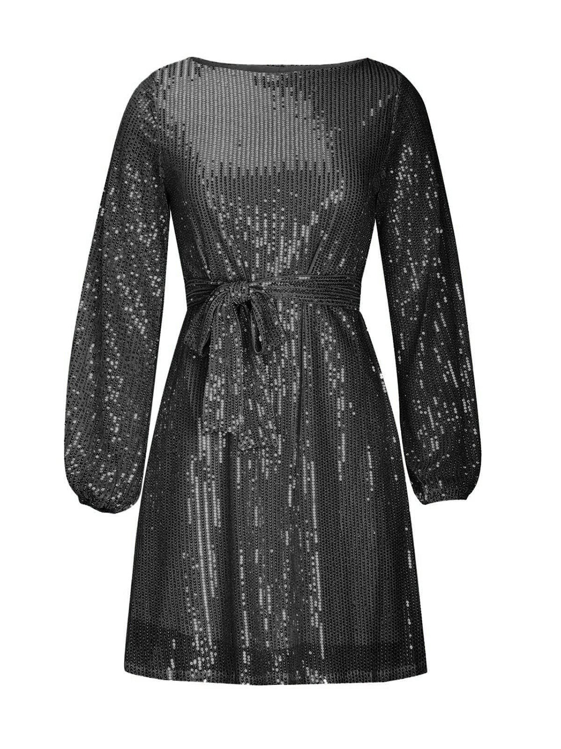 Sequin Tie Waist Long Sleeve Mini Dress Trendsi