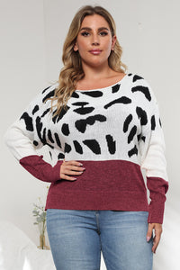 Plus Size Leopard Round Neck Long Sleeve Sweater