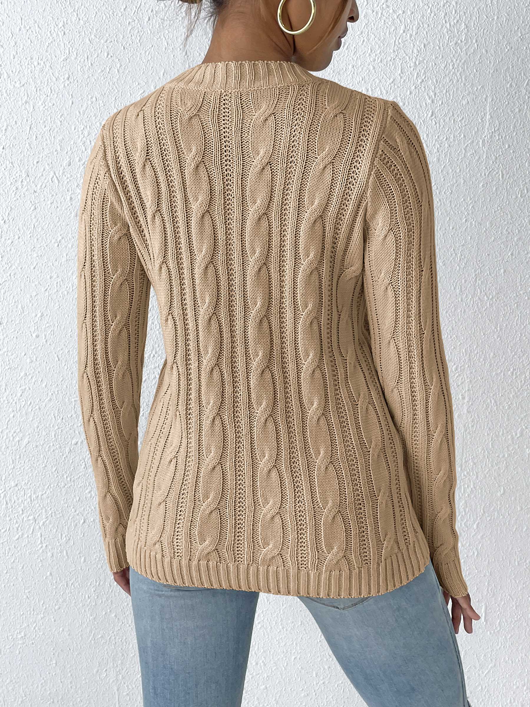 Cable-Knit Heart Round Neck Long Sleeve Sweater Trendsi