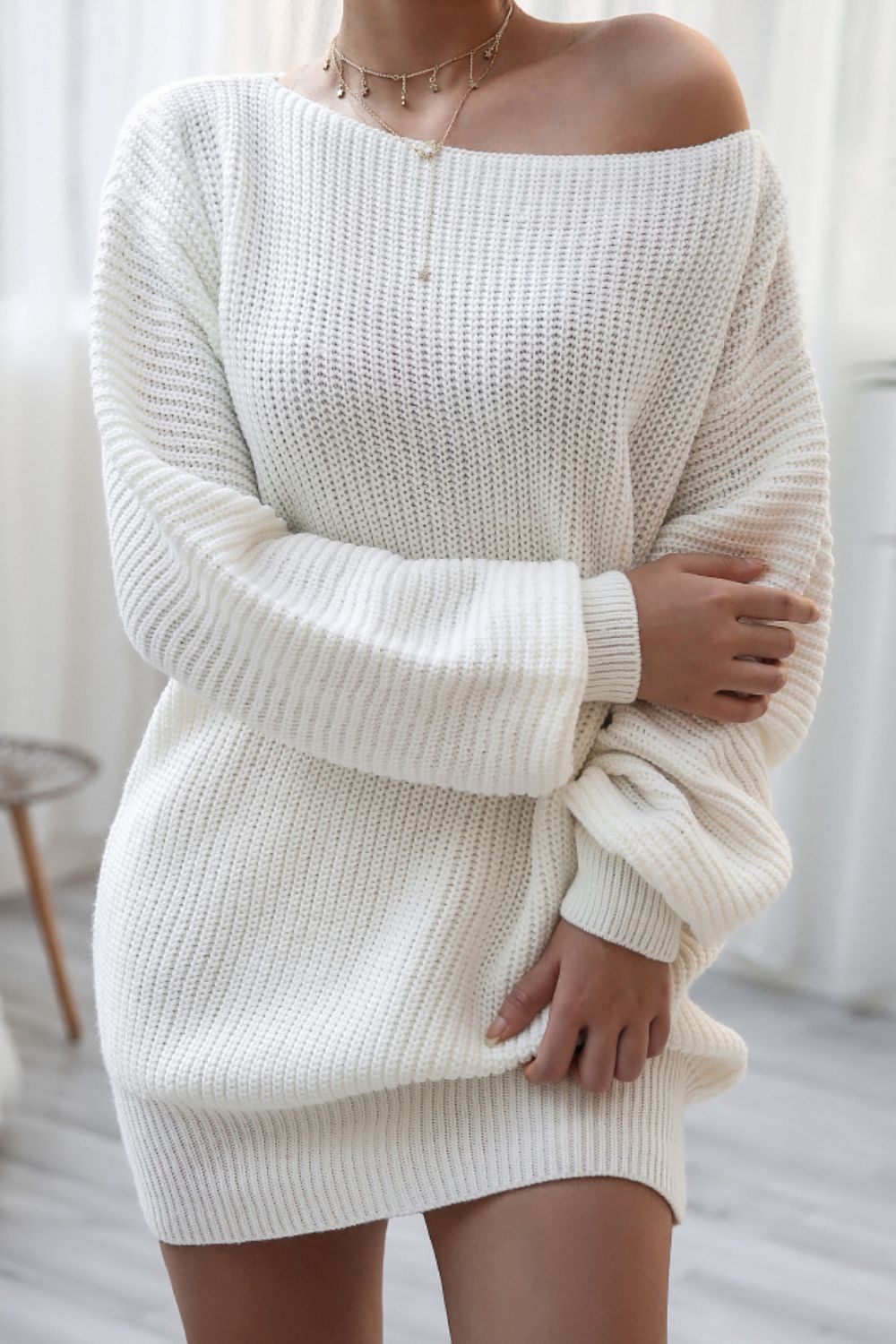 Boat Neck Long Sleeve Mini Sweater Dress Trendsi