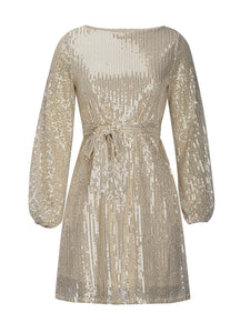 Sequin Tie Waist Long Sleeve Mini Dress Trendsi