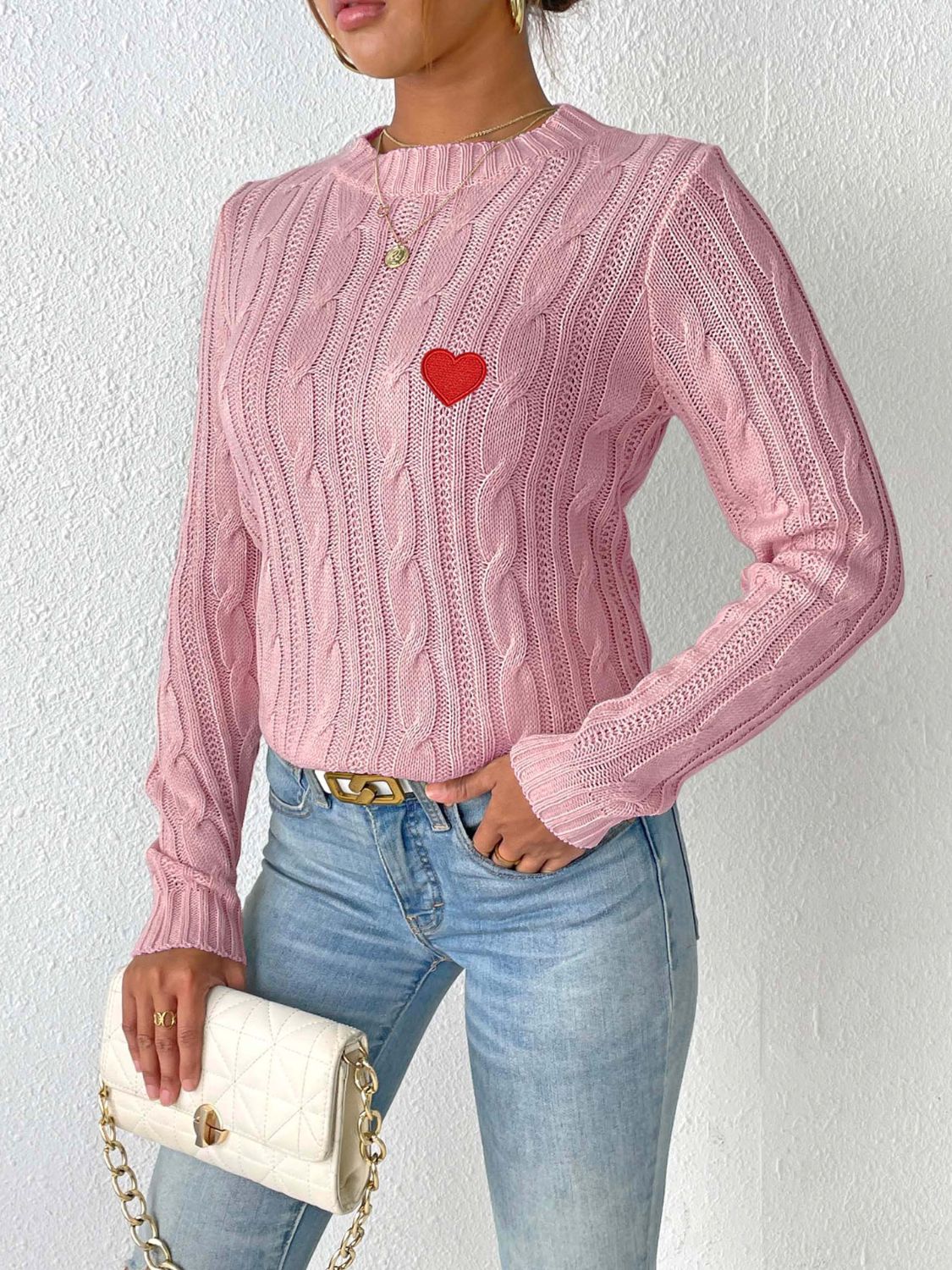 Cable-Knit Heart Round Neck Long Sleeve Sweater Trendsi