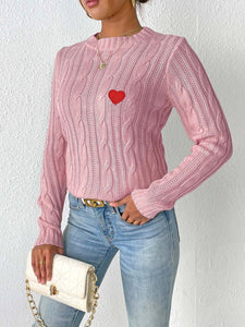Cable-Knit Heart Round Neck Long Sleeve Sweater Trendsi