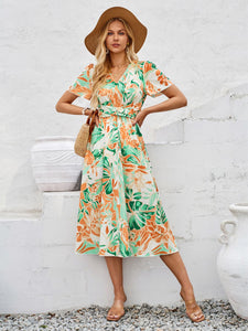 Printed V-Neck Short Sleeve Midi Dress