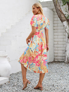 Printed V-Neck Short Sleeve Midi Dress