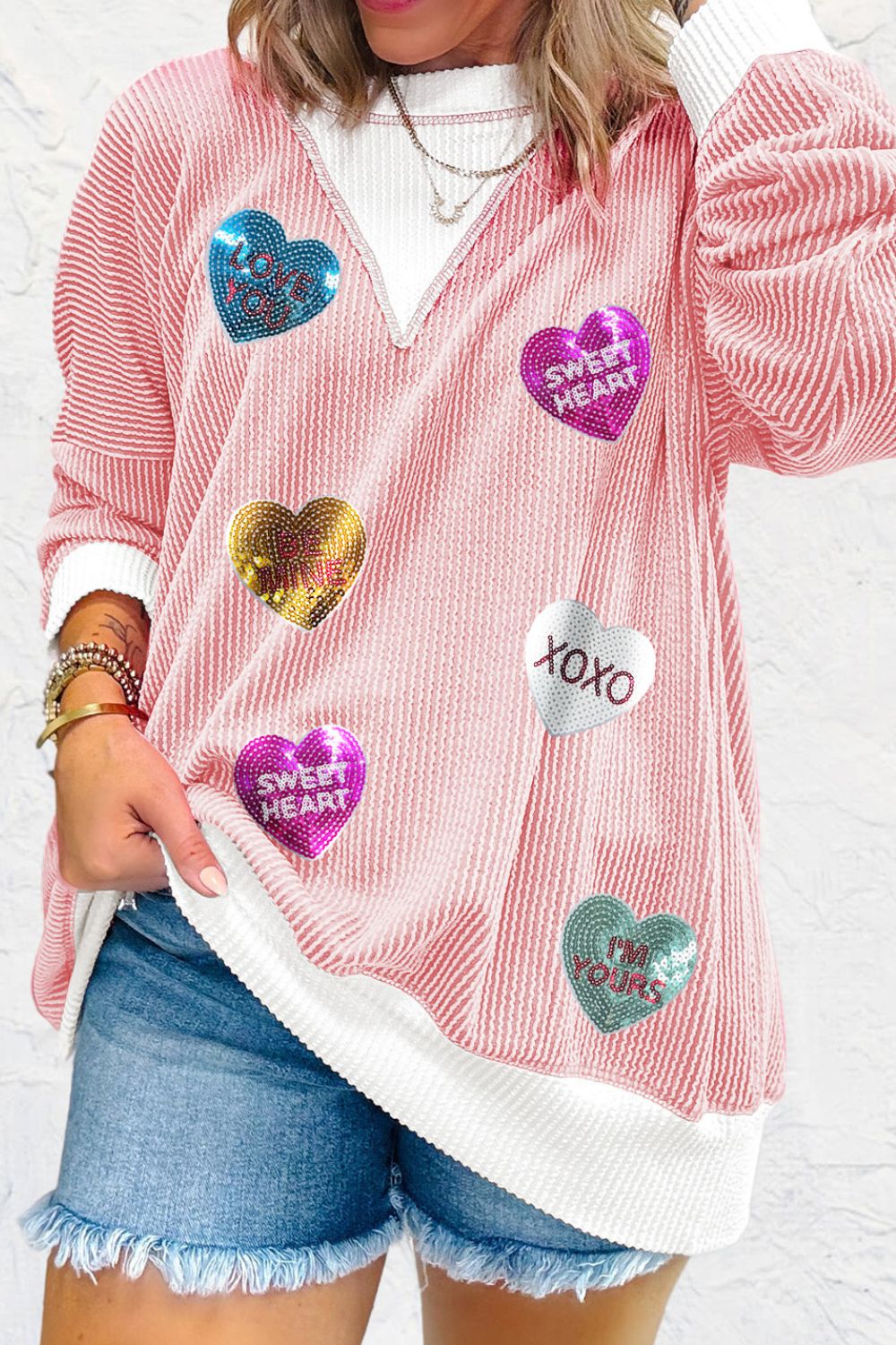 Valentine’s Day Sequin Heart Long Sleeve Sweatshirt Trendsi